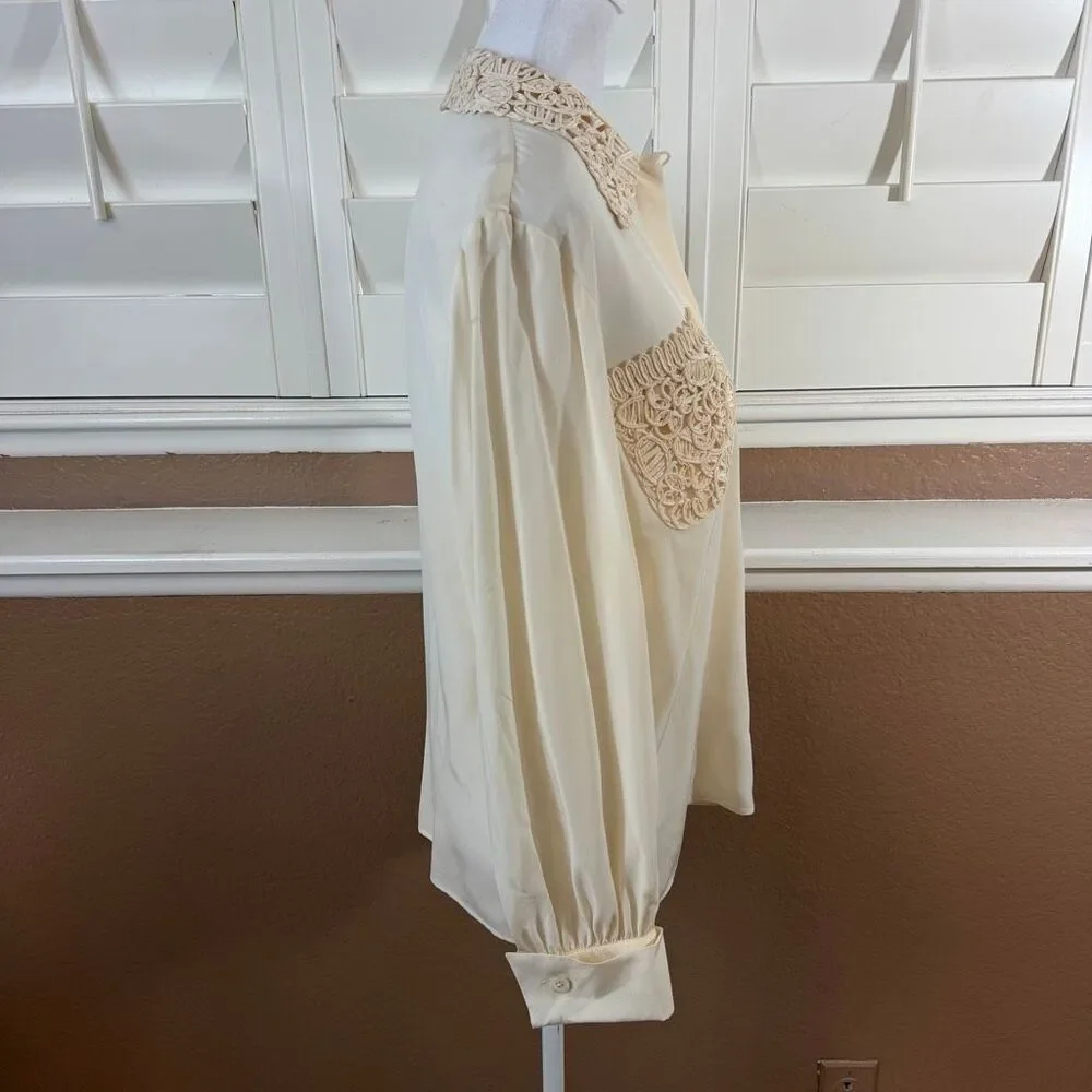 Vintage Valentino Miss V Ivory Silk Blouse Crochet Lace Collar Sz M Romantic 90s